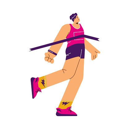 Marathon winner male cartoon character tearing the finish line flat vector illustration isolated on white background. Winner in marathon or running sports competition.