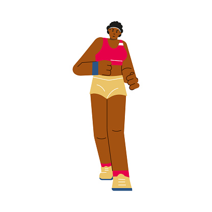 African American female athlete running, cartoon flat vector illustration isolated on white background. Woman marathon runner, character of athlete in competition.