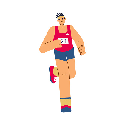 Athlete-marathoner at competition, cartoon flat vector illustration isolated on white background. Man character in sportswear takes part in marathon run.