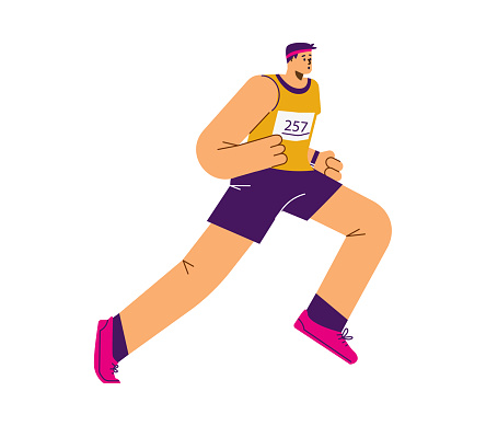 Running marathoner male cartoon character flat vector illustration isolated on white background. Marathon or running athletic sport competition participant.