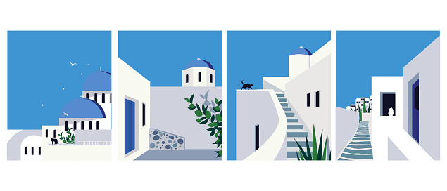 Vector illustration. Set of posters Greece, Santorini, Thira. Travel poster, tourism banner, postcard. Modern geometric design, minimalism. European street.