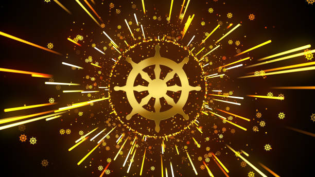 Abstract Religious Golden Shiny Dharmacakra Or Dharma Wheel Buddhism Symbol Light Streaks Burst With Glitter Sparkle Particles Abstract Religious Golden Shiny Dharmacakra Or Dharma Wheel Buddhism Symbol Light Streaks Burst With Glitter Sparkle Particles dharmachakra stock illustrations
