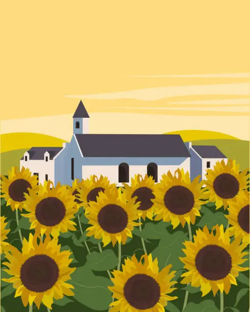 Vector illustration of Sunflowers field house travel poster