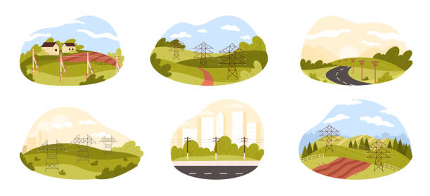 Power lines, city, village and nature landscape scenes with high voltage electric towers Power lines in different settings like cities, villages, and nature landscapes in shapes. High voltage electric towers used for energy transmission and distribution vector illustration electrical tower illustration stock illustrations