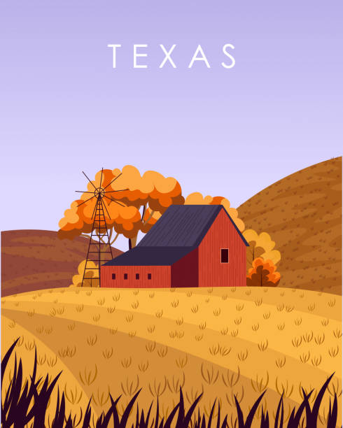 Texas ranch travel poster Vector illustration. Poster Texas, USA. Design for poster, banner, design for packaging, postcard. Autumn landscape, harvest, farm. texas road stock illustrations