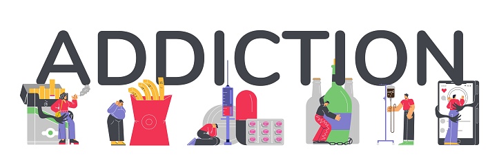Addictions Cursive Addiction Typographic Header Flat Vector Illustration Isolated On White ...