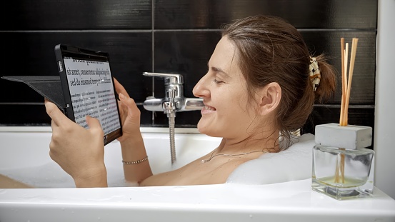 Computer Back Photo Bath Time Woman Combines Bath Time With Tablet Computer Working At Home Modern ...