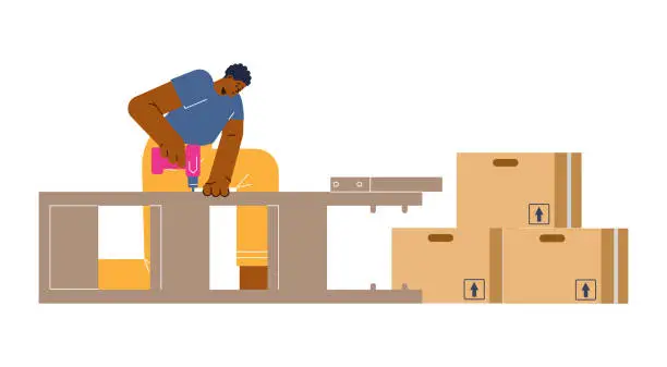 Vector illustration of Worker with screwdriver assembling or dismantling cupboard furniture lying horizontally on floor vector illustration