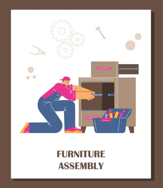 Vector illustration of Wooden furniture assembly service flat vector poster, worker with screwdriver assembling or dismantling a commode