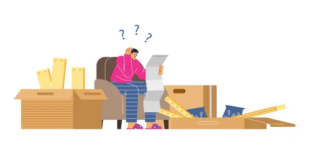 Vector illustration of Man sitting on armchair and confused by assembly manual, large boxes of furniture pieces vector cartoon illustration