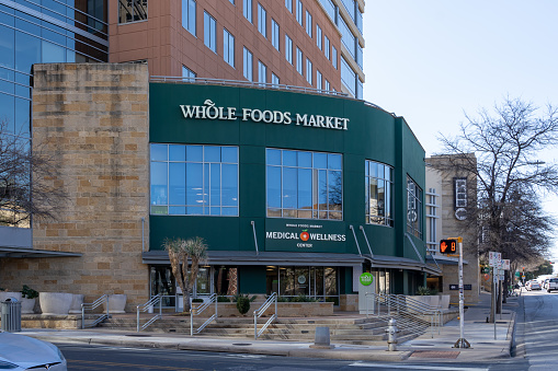 Austin,  Texas,  USA - March 18, 2022: Whole Foods Market headquarters in Austin,  Texas,  USA. Whole Foods Market L.P. is an American multinational supermarket chain.