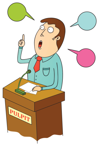 illustration of a man speaking a lot in a pulpit.