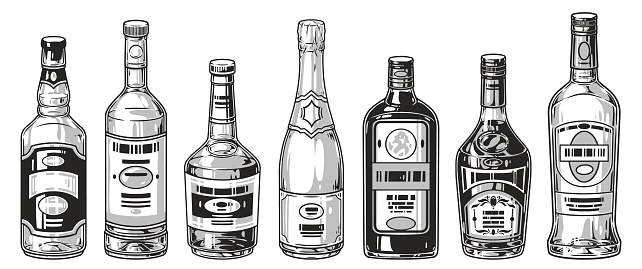 Alcohol assortment set label monochrome full bottles drinks for bar with vodka and brandy or beer with whiskey vector illustration