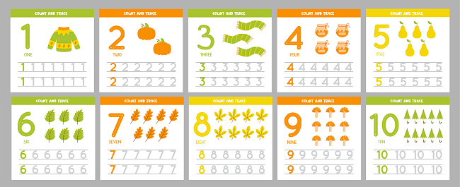 Set of number tracing flashcards with autumn elements. Learning numbers for kids.