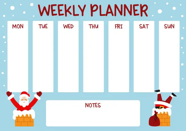 Vector illustration of Christmas weekly planner with cute Santa Claus. Winter holiday theme timetable and note page. Class schedule for school students.