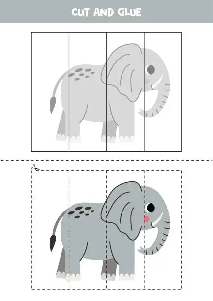 Vector illustration of Cut and glue game for kids. Cute cartoon elephant.