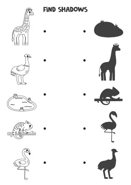 Vector illustration of Find the correct shadows of black and white African animals. Logical puzzle for kids.