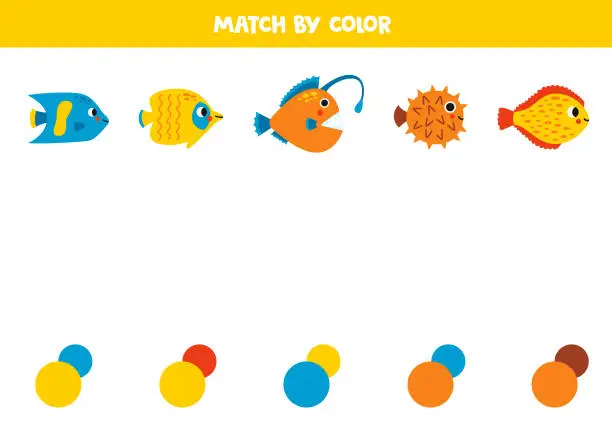 Vector illustration of Match sea fish and colors. Educational game for color recognition.
