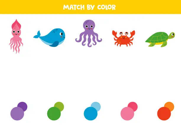 Vector illustration of Match sea animals and colors. Educational game for color recognition.