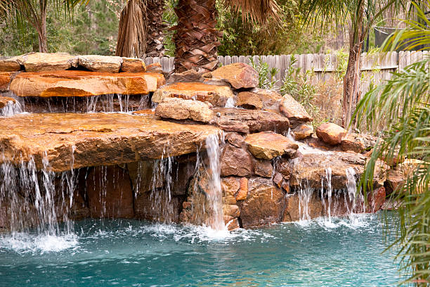 istock Tropical swimming pool with rock waterfall. Empty. Backyard. Home. 162721027