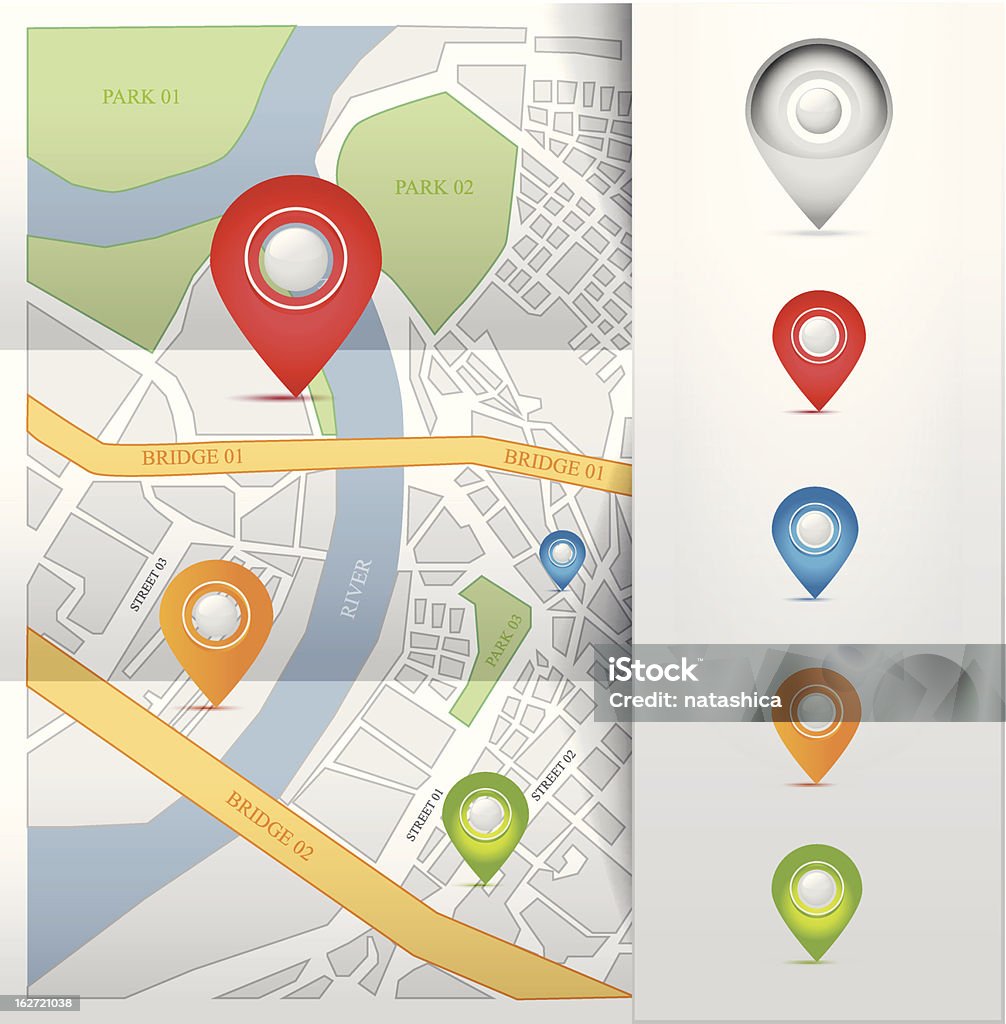 Mappa della città con icone di gps puntatori Illustrazione vettoriale - arte vettoriale royalty-free di Accuratezza
