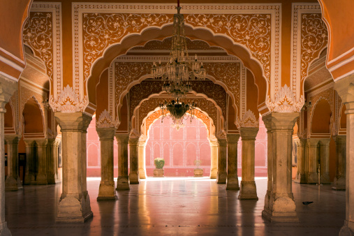 outdoor hall in Jaipur palace, center of the palace and royal activities of old, India