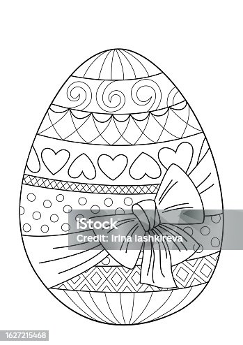 istock Easter egg with bow doodle coloring book page. Black and white vector  illustration. 1627215468