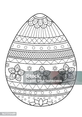 istock Easter egg with flower pattern doodle coloring book page. Black and white vector  illustration. 1627215489