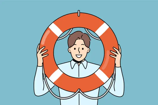 Vector illustration of Business man holds lifeline offering help and crisis management services to companies in bankruptcy