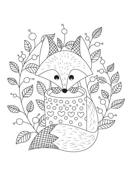 Vector illustration of Cute fox doodle coloring book page. Black and white vector  illustration.