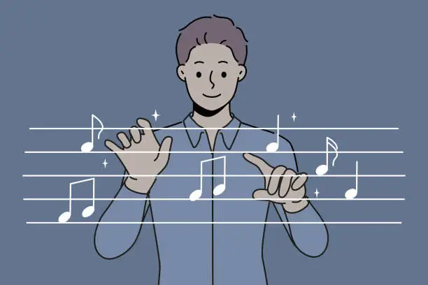 Vector illustration of Man conductor moves hands, standing near imaginary notes and comes up with new musical composition