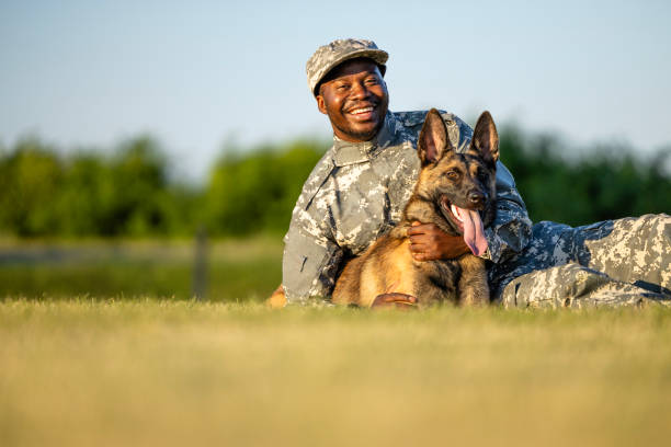istock Soldier in military uniform and trained dog lying on grass playing and hugging. 1627220312