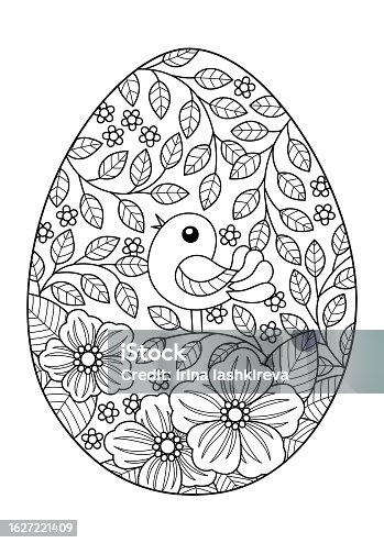 istock Easter egg with bird and flowers doodle coloring book page. Black and white vector  illustration. 1627221409