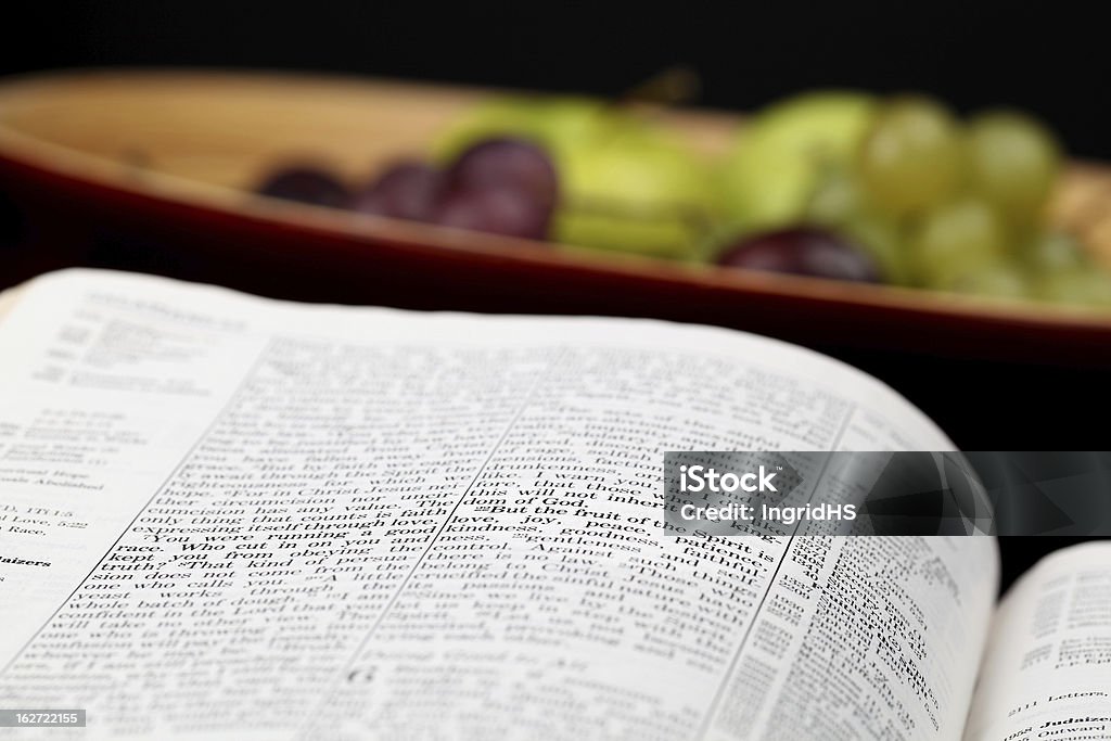 Fruit of the Spirit Holy Bible open to Galatians 5. Focus on verse 22.  Fruit Stock Photo