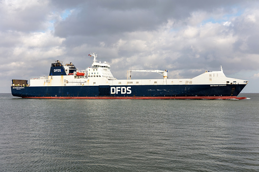 Cuxhaven, Germany - October 27, 2020: DFDS vessel Britannia Seaways on the river Elbe