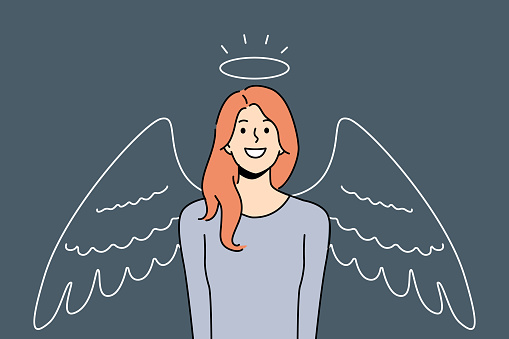 Woman with halo and angel wings smiles, calling to be kind and merciful towards others. Girl angel wants to become volunteer charitable organization that helps those in need in solving social problems