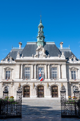 Levallois-Perret, France - August 20, 2023: Exterior view of the city hall of Levallois-Perret, a town located in the Hauts-de-Seine department in the Île-de-France region, northwest of Paris