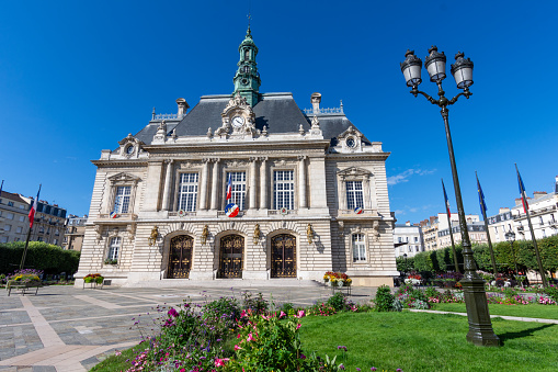 Levallois-Perret, France - August 20, 2023: Exterior view of the city hall of Levallois-Perret, a town located in the Hauts-de-Seine department in the Île-de-France region, northwest of Paris