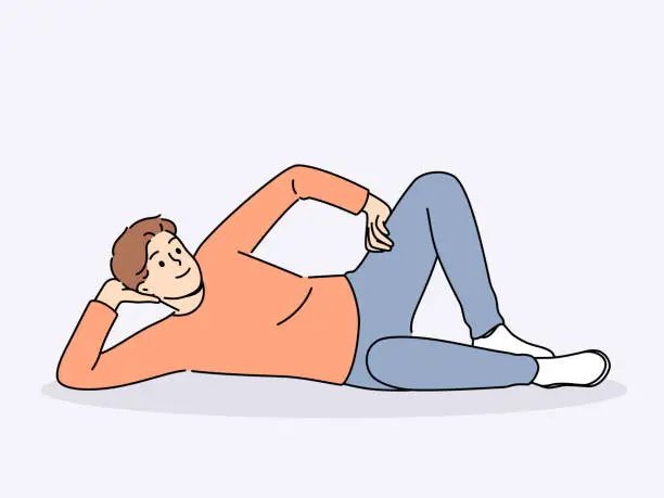 Vector illustration of Man lies on floor with hand under head and with smile looks at screen, offering to relax and unwind