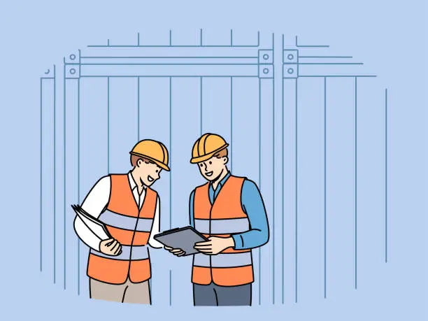 Vector illustration of Men work in industrial field and stand near sea shipping containers discussing logistics cargo