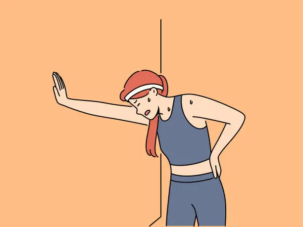 Vector illustration of Woman runner with sweat on face, leaning against wall and trying to catch breath after long run