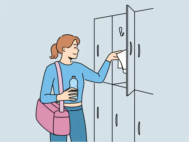 Vector illustration of Woman visitor to gym stands near lockers for personal belongings and prepares for sports workout