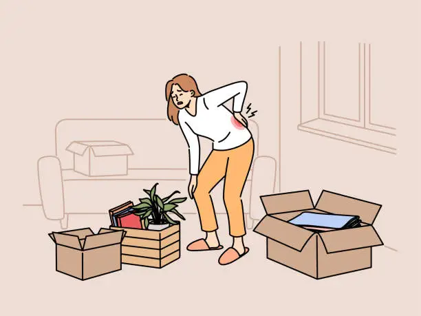 Vector illustration of Sick woman moving to new apartment and suffers from back pain, stands among heavy boxes