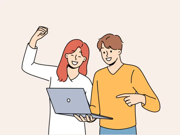 Vector illustration of Happy couple with laptop make win gesture after winning in online casino or lottery with cash prize