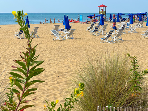 Bibione (VE) Italy - August 12, 2023 : Famous Venetian beach on the Adriatic Sea. Tourists walking, cycling, playing on the beach, sunbathing, exercising in the sea, enjoying a hot Italian summer