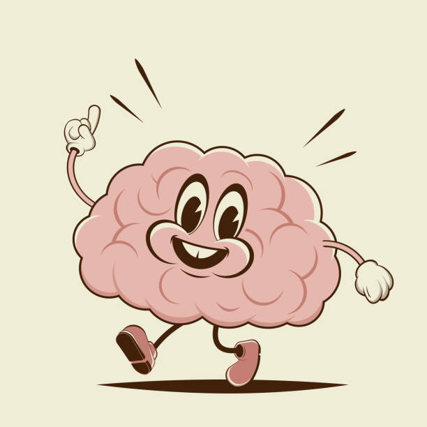 Ilustración de dibujos animados retro de un cerebro feliz caminando - ilustración de arte vectorial