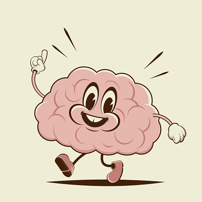 retro cartoon illustration of a happy walking brain