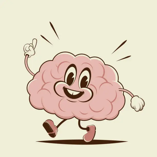 Vector illustration of retro cartoon illustration of a happy walking brain