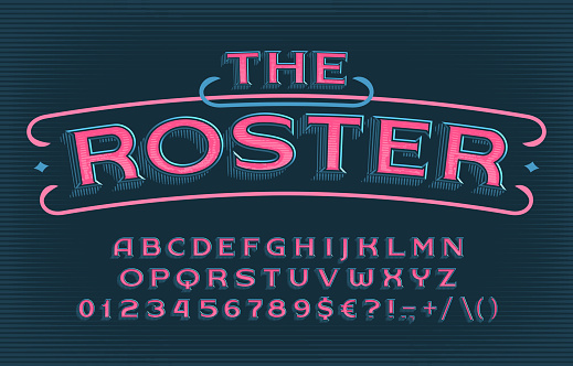 Roster alphabet font. Retro letters and numbers. Vector typeface for your typography design.