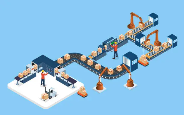 Vector illustration of Smart Warehouse Technologies with agv robots, warehouse Automation System and Automated inventory control platforms. Vector illustration EPS 10